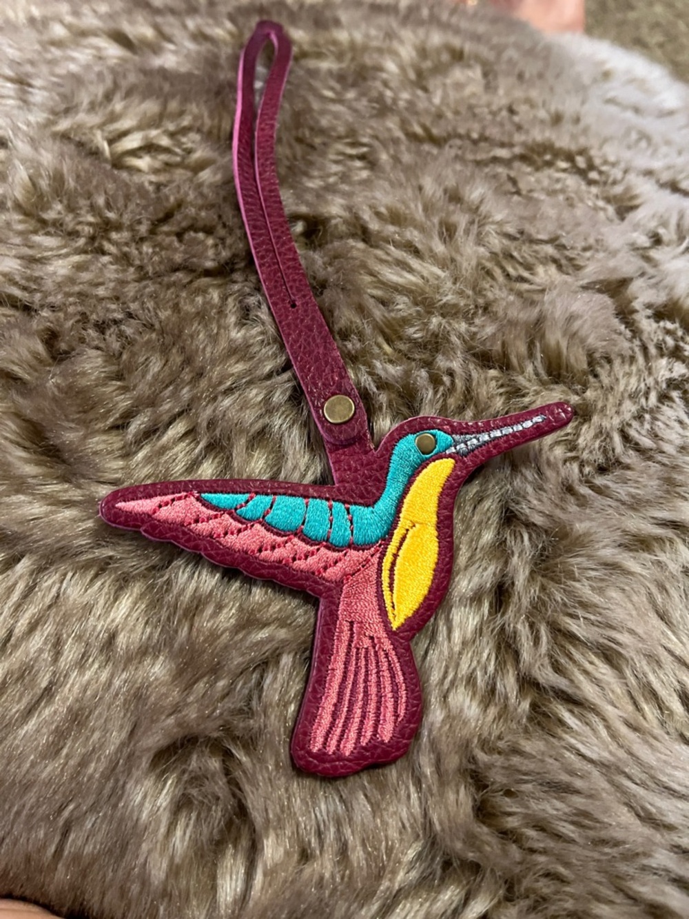 Hummingbird Leather Bag Charm in Burgundy with Teal & Yellow Embroidery